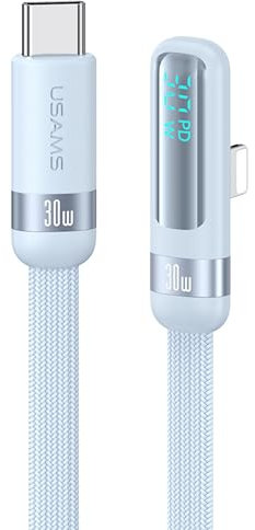 P4Y Cable compatible con Lightning a USB-C para carga y transferencia de datos PD30W 480Mbps con pantalla digital y enchufe L/90 grados, serie Wind 1,2 m azul US-SJ652