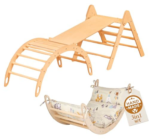 WoodsCraft 3en1: Arche d'Escalade, Triangle d'Escalade & Toboggan Interieur Enfant & Bebe | Arche Montessori avec Coussin Hypoallergénique & 2en1: Rampe/Toboggan | Escalade Enfant Interieur