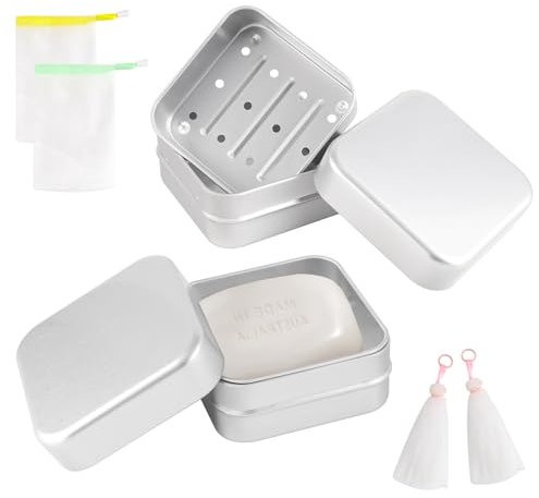 Porta Saponetta 2PCS, Portasapone Da Viaggio in Alluminio con Sacchetto per Barre di Sapone, Portatile Portasapone Bagno con Coperchio, Porta Sapone Solido Anti-Corrosione, Barba Porta Shampoo Solido