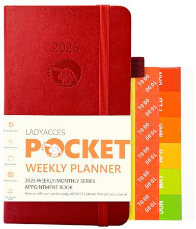 LADYACCES Pocket Diary 2025 - A6 Diary Week to view, Small Weekly and Monthly Planner with Vegan Leather Hard Cover, Inner Pocket, Pen Hold, Book Markers - 15.5 x 9 cm - Red