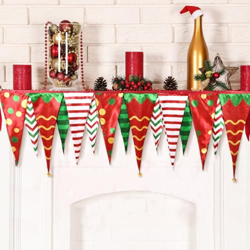 Fanfanwin Christmas Mantel Decor Christmas Mantel Scarf Banner Christmas Red Green Fireplace Mantel Cover Runner Garland Decorations for Xmas Holiday Seasonal Winter Party Supplies, 85 x 25 Inch
