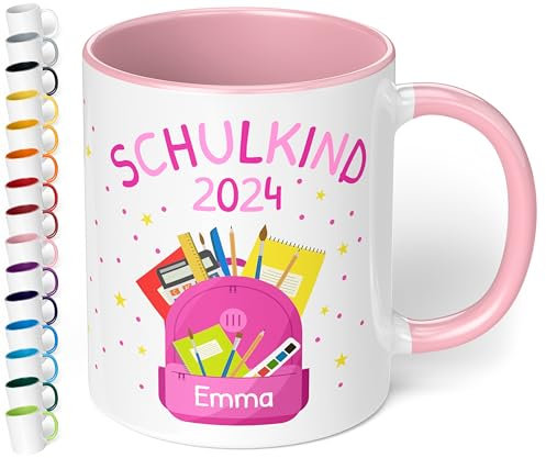 Geschenk zur Einschulung Tasse „Schulkind 2025“ für Mädchen - personalisiert mit Namen Erstklässler Schüler 1. Klasse - Rucksack Rosa - Keramiktasse, 330ml, Rosa