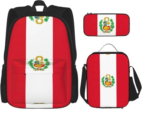 JIUTY Rucksack mit Flagge von Peru, 40,6 cm, Schulbüchertasche mit Lunchbox, große Rucksäcke für Grundschule, Vorschule, 3 Stück, Schwarz , Einheitsgröße, Schulranzen-Set