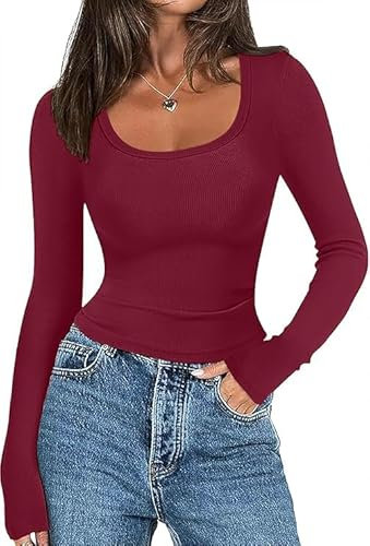 Zeagoo Women Long Sleeve Scoop Neck Shirts Basic Rib Knit Tops Slim Fit Stretch Y2K T Shirts Crop Tops Fall Outfits Wine Red