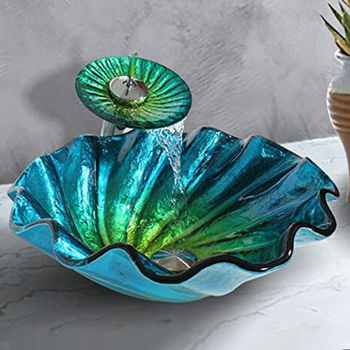 HDMOZUYT Tocador de baño Lavabo Moderno con Forma de Flor, Lavabo de Vidrio Templado sobre encimera, Cuenco de Lavado con Grifo de Cascada y Juego de Drenaje emergente