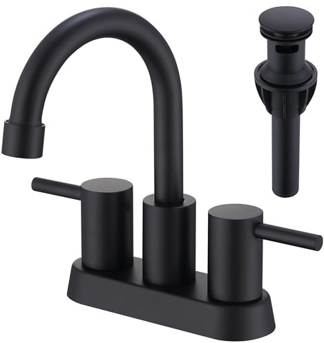 AmirLans Robinet de salle de bain noir mat à 2 trous, 2 poignées de 10,2 cm en acier inoxydable avec drain pop-up et lignes d'alimentation, robinet noir pour salle de bain, toilettes, coiffeuse