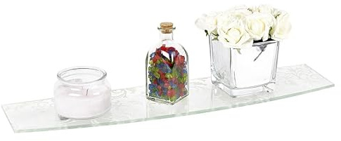 URBNLIVING Large Bowed Floating Glass Wall Shelves with Damask Floral Design, Elegant Display Shelving, Includes Clip Supports, Stylish Storage Solution for Living Rooom, Bathroom, Kitchen
