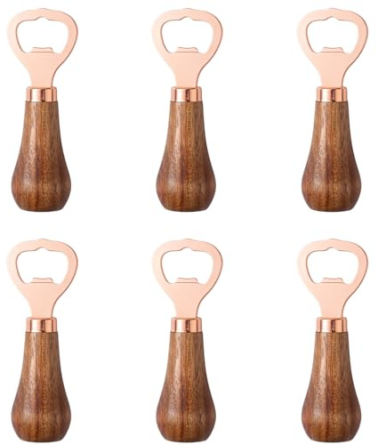 Lxoraziy 6 Pieces Wooden Handle Bottle Opener, Stainless Steel Wine Beer Soda Glass Cap Opener, for Home Pub Outdoor Bartender Bottle Openers, Men DIY Gifts(Rose Gold)
