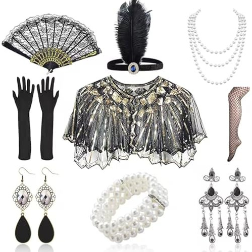 12-teiliges 1920er Flapper Great Gatsby Accessoires-Set Fashion Roaring 20's Theme Set mit Stirnband,20er Accessoires,Kopfbedeckung,langen schwarzen Handschuhen, Halskette, Ohrringen für Frauen