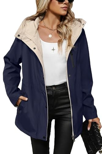 Giolshon Donna Cappotto leggero Windbreaker Zip Up Giacca manica lunga Outdoor Raincoat con cappuccio K502 Blu L