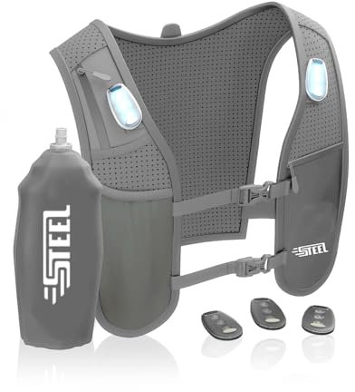 Gilet Running d'hydratation Réfléchissant LED Recheargeable, Porte-Bouteille d'eau, Ajustable, Gilet léger, Gourde d'hydratation de 500 ML pour randonnée, Trail, Running (Gris (1 Gourde), Unique)