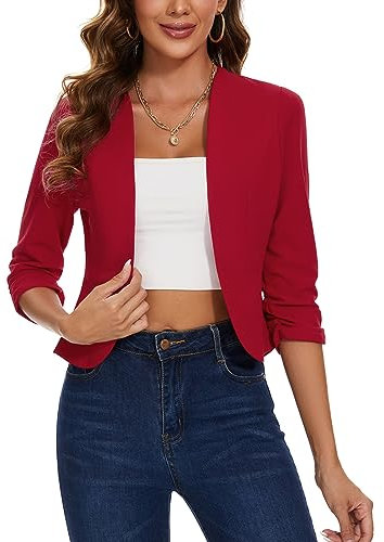 MINTLIMIT Ladies Jackets 3/4 Ruched Sleeve Elegant Womens Cropped Blazers Jacket Open Front Suit(Red M)