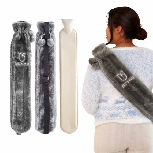 BeYou Long Hot Water Bottle - Secure Buckle for Hands-Free Wear, 2L Extra Long (72cm), Super Soft Luxury Cover, Latex-Free, for Back Pain, Neck Pain, Period Pain & Shoulder Pain (Grey)