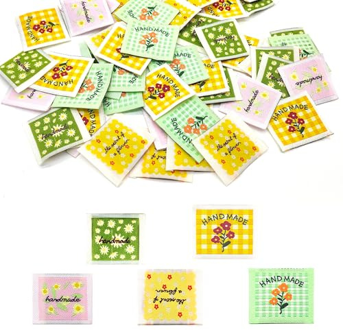 LIANCHEN 60 Pcs Einnähen Textiletiketten 6 Größen Handmade Textiletiketten | Beige Stoff Label zum Annähen Webetiketten Handmade Label Nähen Labels für Nähen, Kunsthandwerk, Stricken (Farbig 2)