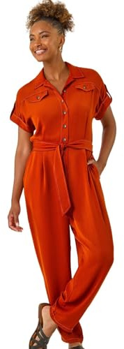 Roman Originals Utility Buttoned Jumpsuit for Women UK - Ladies Everyday Holiday Spring Summer Collar Neckline Comfy Soft Evening Vacation Work Party - Rust - Size 10 Orange