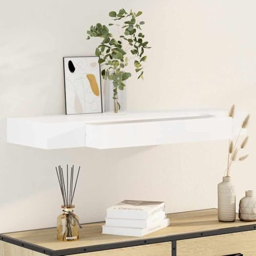 Mokuyary Schwebendes Wandregal mit 1 Schublade, MDF, weiß, für Bücher/DVD, schwebendes Regal mit Schubladen, für Flur, Wohnzimmer, Büro, 48 cm, 80 cm