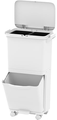 GOPLUS Mülleimer 3 Fächer, 36 L Abfalleimer Küche mit Rollen, Tretmülleimer mit 2 herausnehmbaren Behältern, seitliche Griffe & Aufkleber, Mülltrennsystem mit Deckel für Badezimmer, Küche, Büro, Weiß