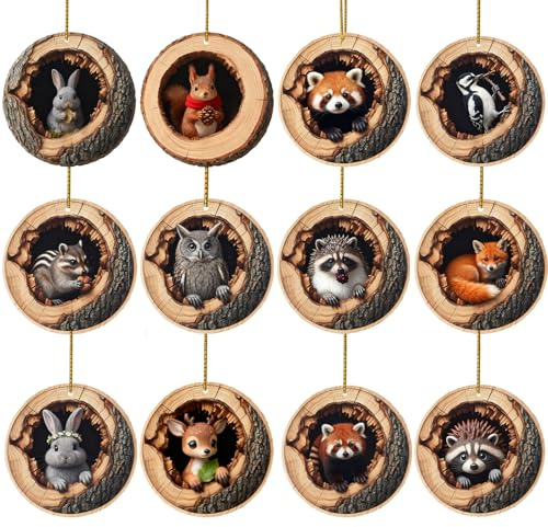 Tier-Weihnachtsschmuck 2D Flacher Acryl-Waldtier-Schmuck für Weihnachtsbäume Hängende Dekoration Geschenk (12 Stück)