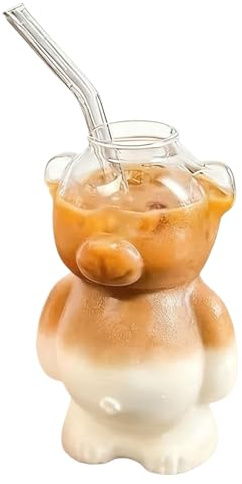 Durchsichtige Glasbecher 320 Milliliter Lustiger Trinkbecher Mit Strohhalm | Niedliche Trinkgefäße für Kaffee und andere Getränke für Eistee Heißtee Milch Saft Wasser Cocktail Bier Wein Hausbar Bü