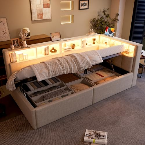 ANIROY Tagesbett 90x200cm, Daybett mit Hydraulische Stauraum & USB- + Typ-C-Anschlüsse & LED, Leinenstoff Schlafsofa Einzelbett mit Staufächer, ohne Matratze, Beige
