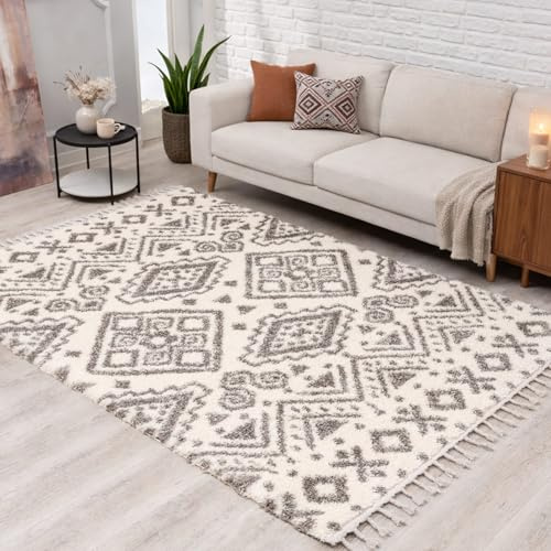 carpet city Hochflor Teppich Shaggy Creme 200x290 cm - Boho-Muster, Fransen & Kettfäden - flauschig weich, kuschliger Schlafzimmer- & Wohnzimmerteppich