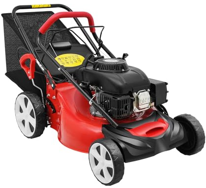 Selbstfahrender Rasenmäher Benzin, 140CC 5PS, 51cm Schnittbreite, 65L Beutel, 4-Takt-Motor Selbstfahrender Gasrasenmäher aus Stahl, 8 Getriebe, Reinigungsfunktion, inkl. Motoröl