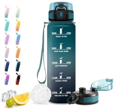 JAPORIA Botella Agua 1L, Cantimplora con Marca de Tiempo, Botella de Agua con Filtro para Bicicleta, Yoga, Running, Gym, Escuela, Viaje