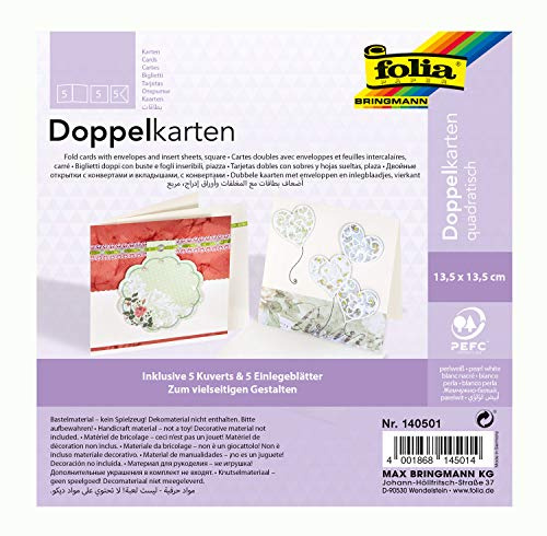 folia 140501 - Doppelkarten ca. 13,5 x 13,5 cm, je 5 Karten (220 g/qm), Kuverts und Einlagen, perlweiß - ideal für Einladungen, Glückwunsch- oder Grußkarten