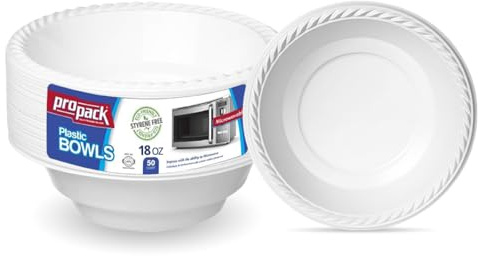 Propack Disposable Plastic Bowls 18 oz, Heavy Duty White, 50 Count