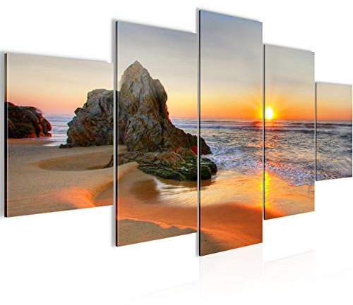Runa Art Bild Schlafzimmer Wohnzimmer Sonnenaufgang Strand 5 Teilig Dünen Panorama Orange Wandbilder auf Vlies Leinwand 609553a