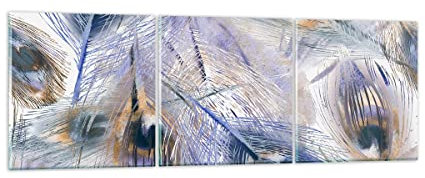 Mehrteilige Bilder auf Glas Pfau Feder modern Glasbild 90x30cm Wandbilder Dekoration Wohnzimmer Schlafzimmer Küche Set 3 teilige Klein Wanddeko Bild im Glas Wand Kunstdruck Art Modern GCA90x30-3424