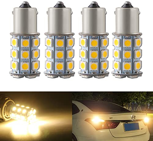 Qasim 4x 1156 BA15S LED Bulbs P21/5W 1141 5050 27-SMD For RV Camper Trailer Interior Lighting Car Turn Signal Light Warm White