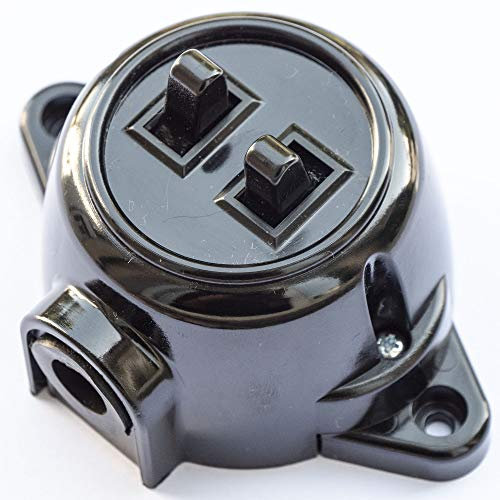 Double interrupteur rétro en saillie - 10 A/250 V - IP20 - Noir - Aspect bakélite rétro vieilli brillant - Fixation sur bois