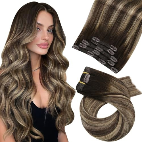 Moresoo 10 Zoll/25cm Balayage Clip in Glatt Haarteil Haarverlängerung Vollkopf Brasilianischen Menschen Haar Haarfarbe Farbe # 4 Braun Gemischt #27 Karamell Blondine 70g 5 Teiliges