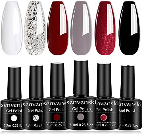 Senvenski Cherry Mocha Gel Nail Polish Kit - UV/LED Soak Off Nail Art Set with Burgundy White Black Wine Red Maroon Grey Colours | Manicure Gift Kit for Women, Professional Salon Home Use(CS6-005)