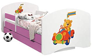 Happy Babies - Doppelseitiges PINK Kinderbett MIT SCHUBLADE Modernes Design mit sicheren Kanten und Absturzsicherung Schaumstoffmatratze 7 cm (15. Bär im Auto, 160x80)