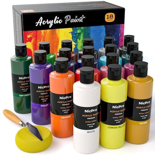 Nicpro set pintura acrilica 18 x 250 ml, frasco grande de pintura acrílica en 18 colores, no tóxica, pinturas de artista, pinturas acrilicas para varias superficies, lienzos, arcilla, manualidades