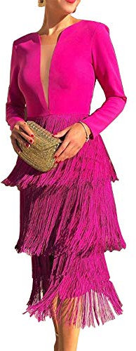 nuoshang Vestido midi de manga larga con cuello en V profundo y flecos para mujer - rojo - X-Large