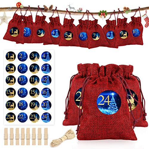 Adventskalender zum Befüllen 2021, 24 Adventskalender Stoffsäckchen, Weihnachtskalender Jutebeutel Geschenksäckchen mit 24 Adventszahlen Aufkleber, Adventskalendertüten Basteln für Männer Kinder