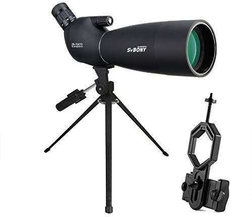 SVBONY SV28 Spektiv mit Stativ, 25–75 x 70, hohe Leistungsreichweite, für Vogelbeobachtung, HD, IP65 wasserdicht, abgewinkelt, mit Tragetasche, Sternenbeobachtung, Wildbeobachtung
