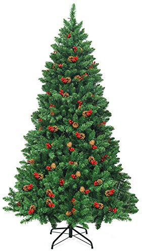 DREAMADE Weihnachtsbaum mit LED Licht und Kiefernzapfen, Automatisch beleuchteter Christbaum Tannenbaum, Künstlicher Weihnachtens Baum aus PVC mit Metall Ständer, für Innen- & Außenbereich (195 cm)