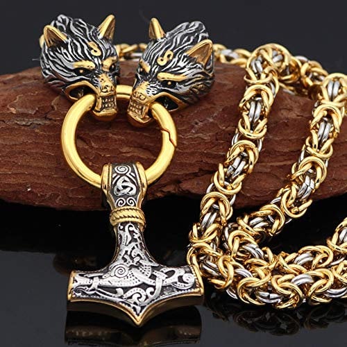 YCYR Viking Thor's Hammer Pendant Jewelry, Norse Mythology Pagan Mjolnir Necklace, Men Vintage Handmade Wolf Head Byzantine Chain Amulet,Mixed Gold,70CM