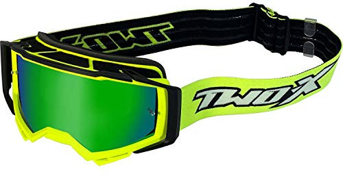 TWO-X Cross-Brille Atom - Motocross-Brille mit verspiegeltem grünen Glas - Motorrad-Brille - Enduro & Downhill - Schutzbrille - Vortex-Neongelb