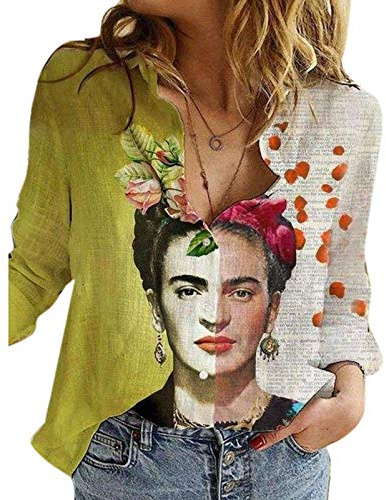 kewing Chemise en Coton Polyester pour Femme avec Peinture à l'huile - Chemisier décontracté Plus Grand à Manches retroussées et Respirantes col en V Ample (Pas de Coton ni de Lin)