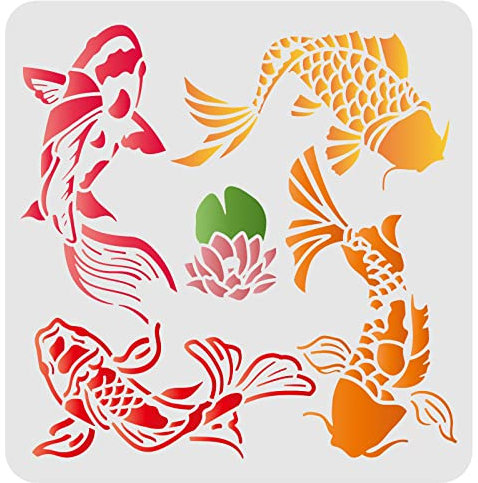 FINGERINSPIRE Koi Lotus Schablonen Wandmalerei Schablone 30x30cm Karpfen Fisch Zeichnung Schablonen Wiederverwendbare DIY Craft Malvorlage Kreideschilder Schablonen zum Malen Handwerk Fensterwand