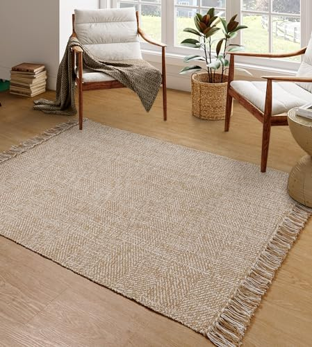 Collive Komfortabler Teppich, 1.2x1.8 m, braun/cremefarben, gewebte Baumwolle, Schlafzimmerteppich, moderner Innen- und Außenbereich, Bodenteppich mit Quaste für Wohnzimmer, Büro, Terrassendekoration