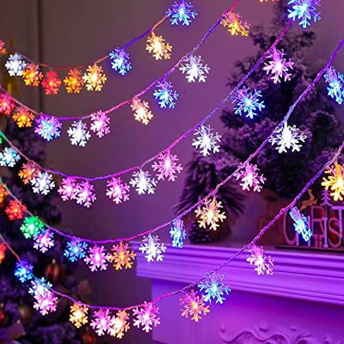 AUAUY Christmas Snowflakes String Lights, 40 LED 19.6FT Xmas Lights Battery Operated 2 Modes, Waterproof Outdoor Lights for Indoor Outdoor Wedding Party New Year Garden Xmas Decor (Colorful)