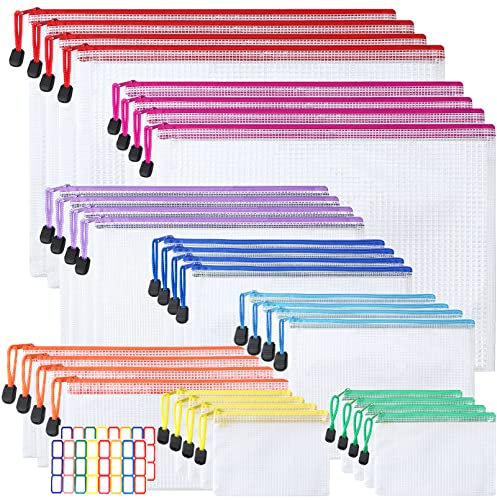 32 Stück Dokumententasche,Datei Taschen mit Reißverschluss,8 Größen 8 Farben Reißverschlussbeutel Mesh Taschen,Wasserdichte Dokumententasche Reißverschluss for Büros Schule,Mit 48 Aufklebern