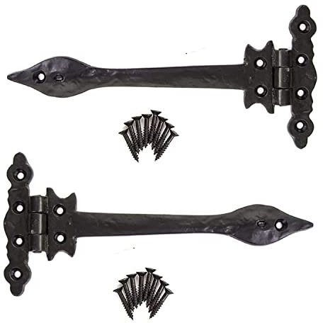 Black Antique Door Spear Hinges 8 (210mm) Heavy Duty Gothic Tee Hinges Wooden Doors Barn Doors Garage Gates Shed Fence Front Door Decorative Victorian Iron with Screws (Pack of 2)