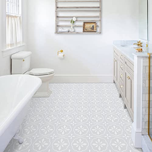 Peel and Stick Floor Tiles Vinyl Flooring,Self Adhesive Floor Tile Waterproof for Bathroom Kitchen Living Room Grey White Pattern,20x20 cm 22 pcs